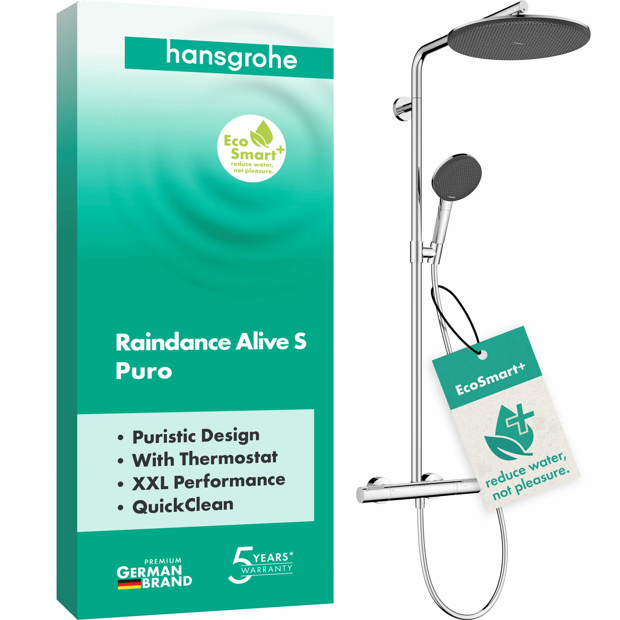 Hansgrohe Raindance Alive S Puro Showerpipe 300 1jet EcoSmart+ mit Ecostat Element, Chrom, 300 mm Brausekopfgröße, 6 l/min Durchfluss, Aufputzinstallation