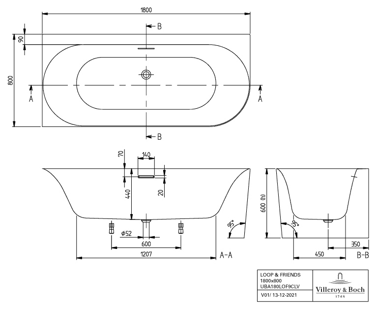Villeroy & Boch Badewanne mit ovaler Innenform „Loop & Friends“ vorwand oval 180 × 80 cm, links 