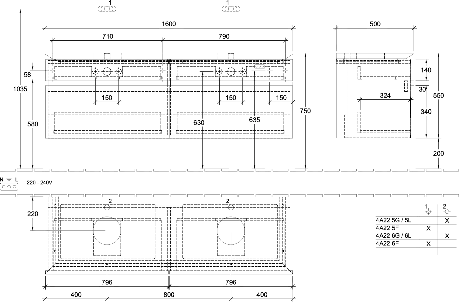 Villeroy & Boch Waschtischunterschrank „Legato“ für Schrankwaschtisch 1600 × 550 × 500 mm Black Matt Lacquer, für links und rechts