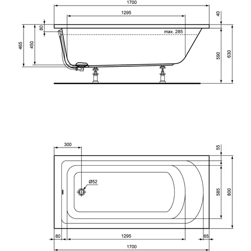 Badundu Badewanne rechteck 1700 × 800 mm, Fußablauf Badundu Badewanne rechteck 1700 × 800 mm, Fußablauf