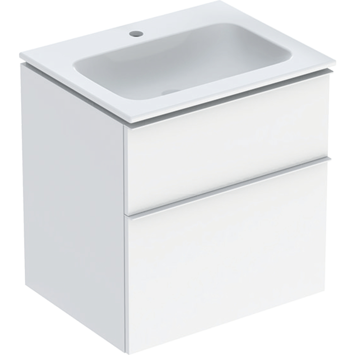 iCon Set Möbelwaschtisch schmaler Rand, mit Unterschrank, zwei Schubladen und Waschbeckenanschluss: B=60cm, H=63cm, T=48cm, weiß, weiß / lackiert hochglänzend, weiß / pulverbeschichtet matt