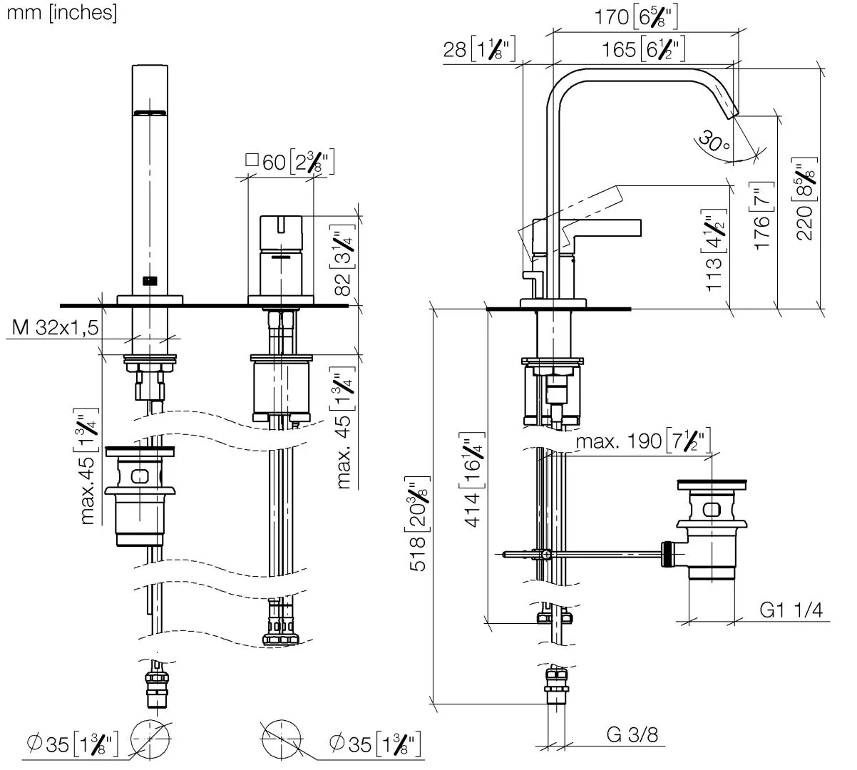 Dornbracht IMO Waschtisch-Zweilochbatterie mit Ablaufgarnitur - Gold gebürstet (PVD), Ausladung 165 mm, Armaturenhöhe 220 mm