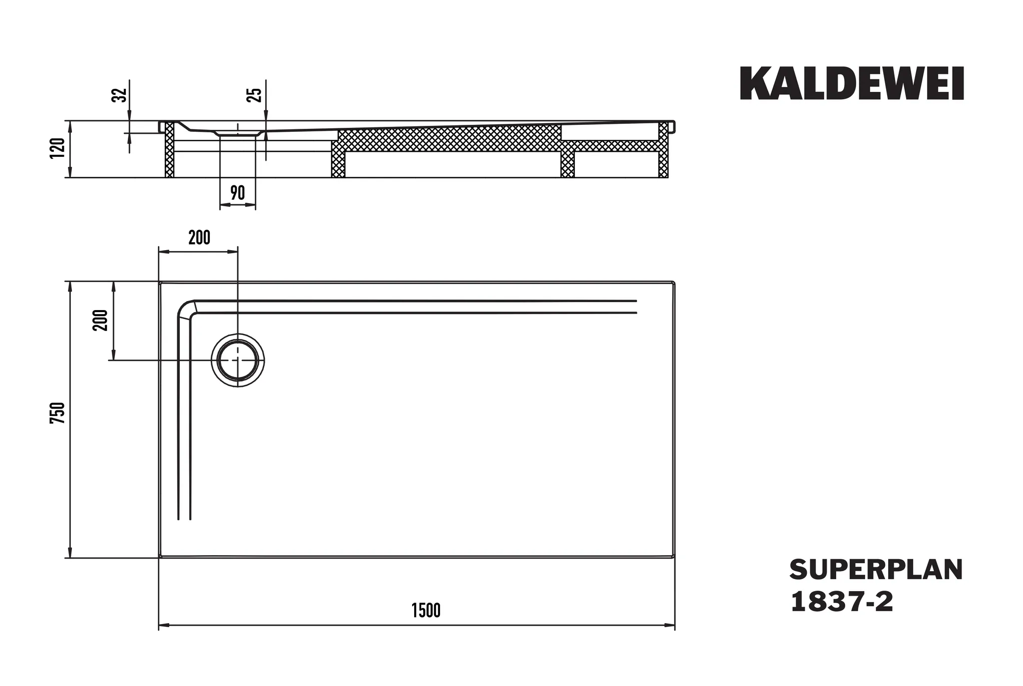 Kaldewei Duschwanne „Superplan“ 75 × 150 cm mit Perl-Effekt, in cool grey 70