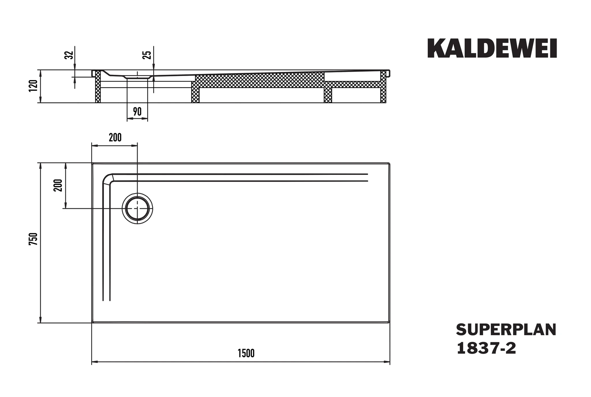 Kaldewei SUPERPLAN Duschfläche mit Wannenträger, 750x1500 mm, cool grey 70, Perl-Effekt, Eckablauf, 32 mm Randhöhe