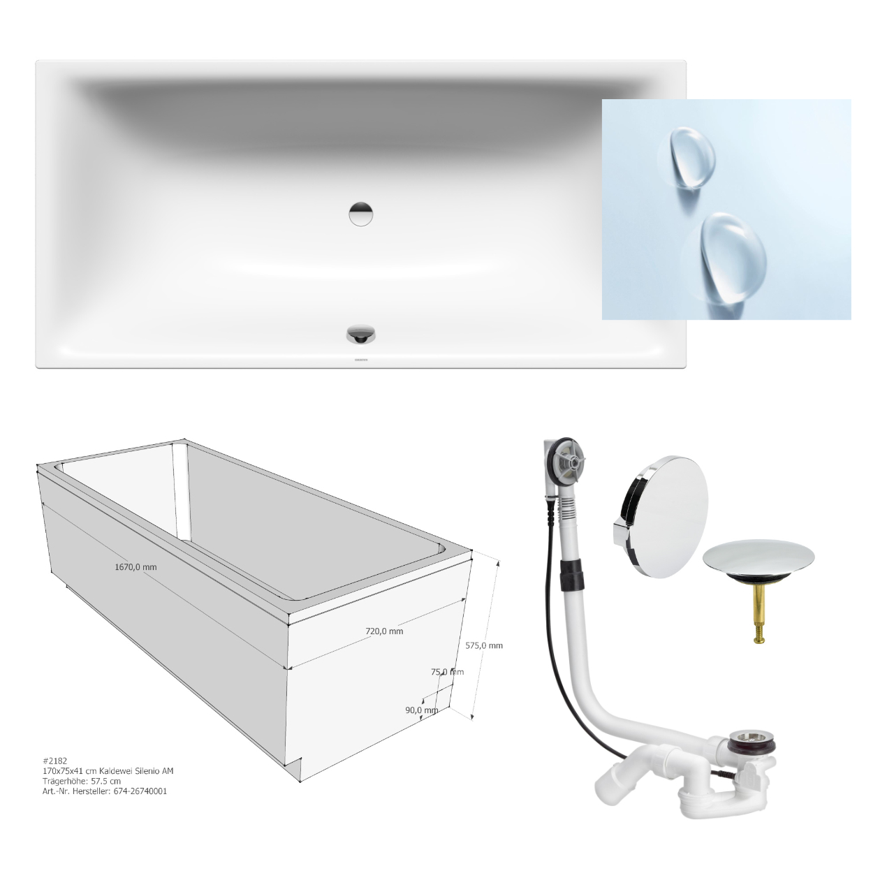 Set Badewanne Silenio 170 × 75 cm mit Perleffekt inkl. Viega-Ablauf und Träger,