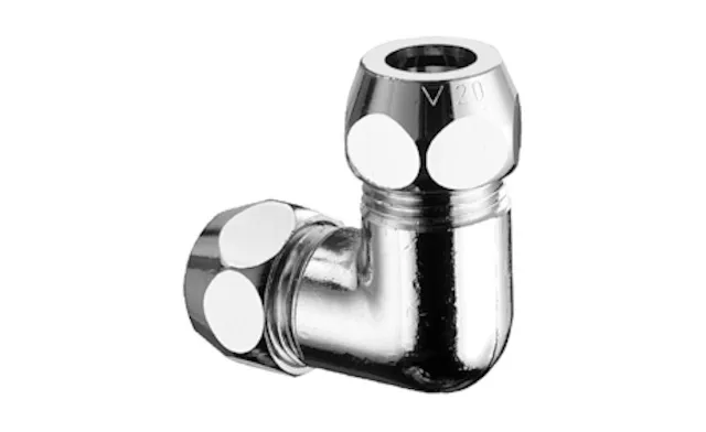 Winkel-Doppel-Verschraubung, Ø 8 mm (DN 10 G 3/8 AG), Ø 8 mm (DN 10 G 3/8 AG), chrom Winkel-Doppel-Verschraubung, Ø 8 mm (DN 10 G 3/8 AG), Ø 8 mm (DN 10 G 3/8 AG), chrom