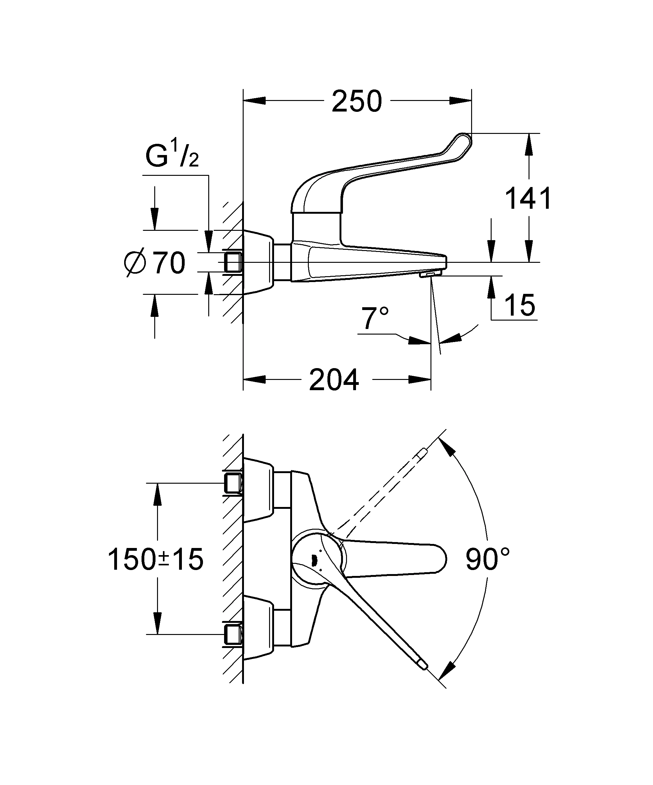 Einhand-Sicherheitsmisch-Waschtischbatterie Euroeco Special 32795, Wandmontage, Ausladung 204 mm, Hebellänge 170 mm, chrom