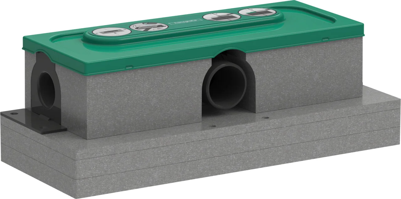 Hansgrohe uBox universal Ablaufgehäuse für Duschrinnen – 3-seitiger Anschluss DN50, waagerechter Auslass, Sperrwasserhöhe 50 mm, Mindestbauhöhe 75 mm