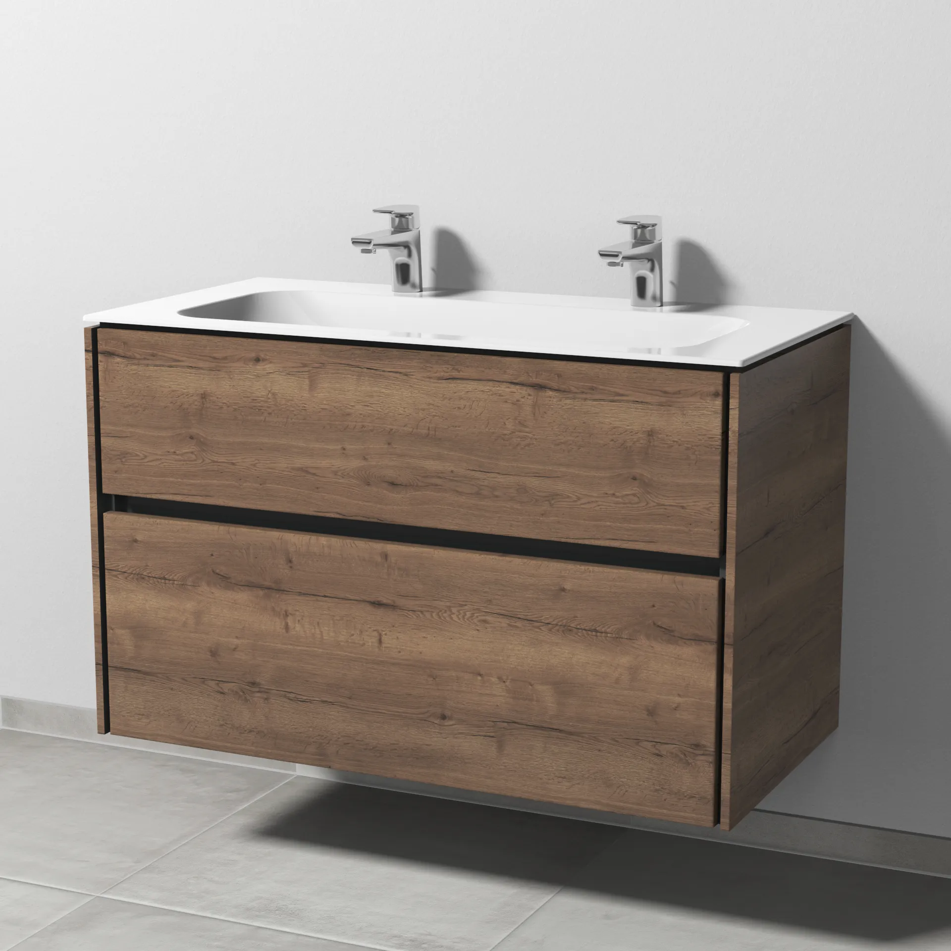 Keramik-Waschtisch-Set mit Waschtischunterschrank „Twiga“ 99 × 50 × 61 cm in Eiche Tabak, ohne Beleuchtung, mit Hahnlochbohrung Keramik-Waschtisch-Set mit Waschtischunterschrank „Twiga“ 99 × 50 × 61 cm in Eiche Tabak, ohne Beleuchtung, mit Hahnlochbohrung
