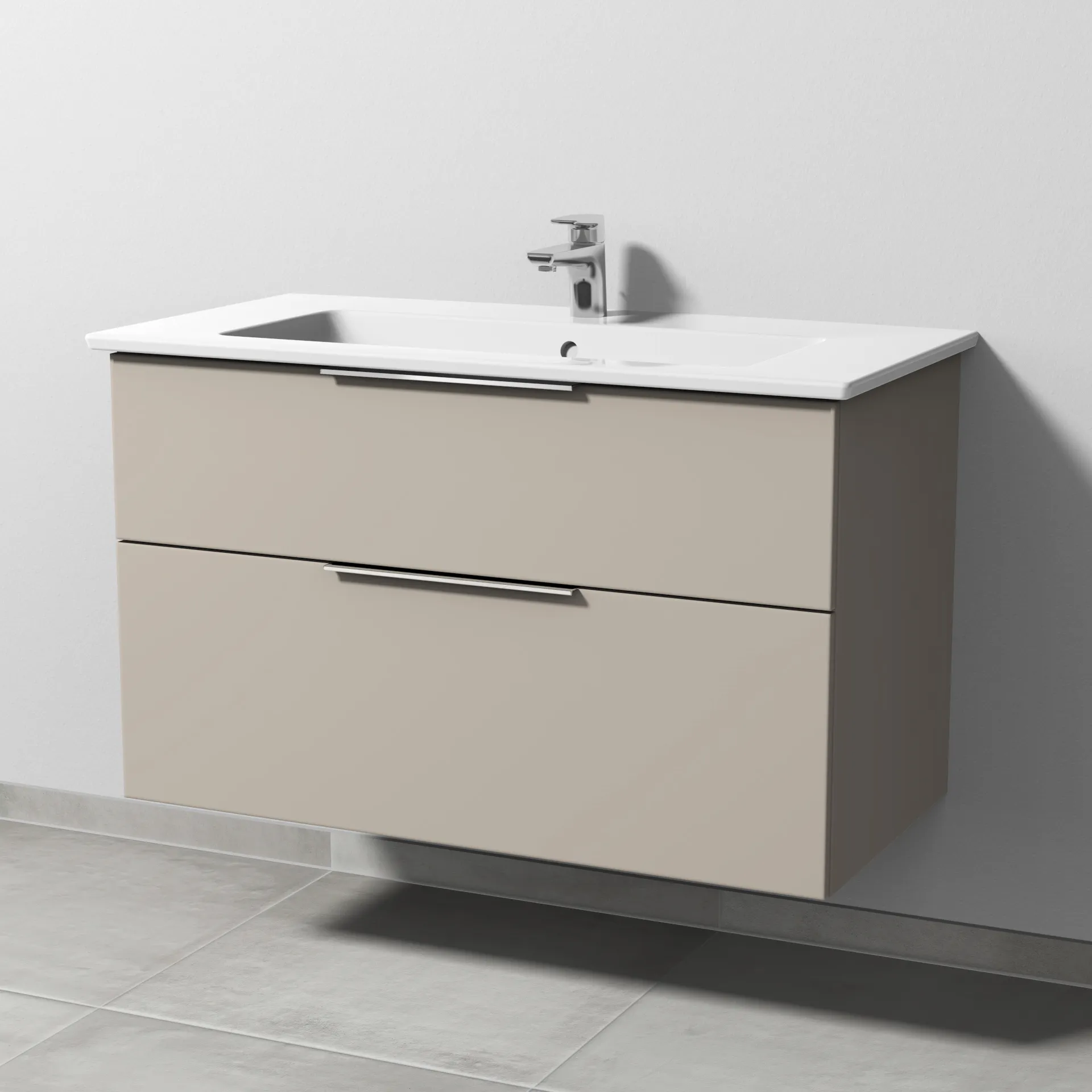 Keramik-Waschtisch-Set mit Waschtischunterschrank „3way“ 95,5 × 47,7 × 59,1 cm in Kaschmir (matt), mit Hahnlochbohrung, Becken mittig