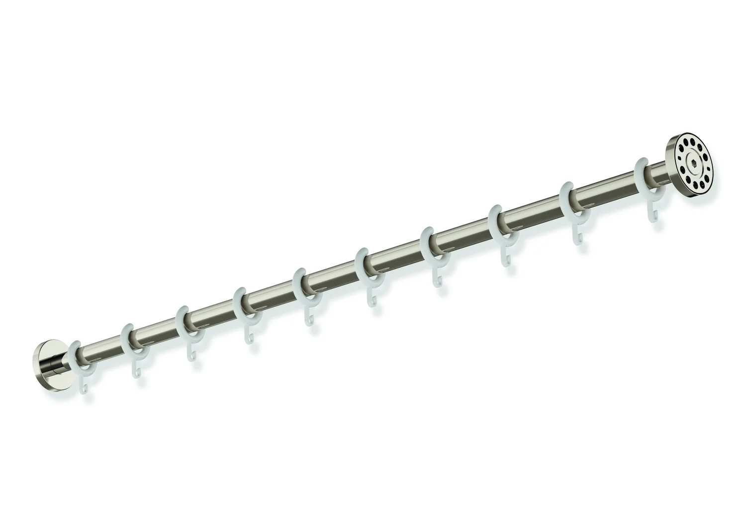 HEWI Vorhangstange System 900, Edelstahl PVD nickelglänzend, Länge 1.000 mm, Durchmesser 25 mm, mit 10 Vorhangringen aus weißem POM