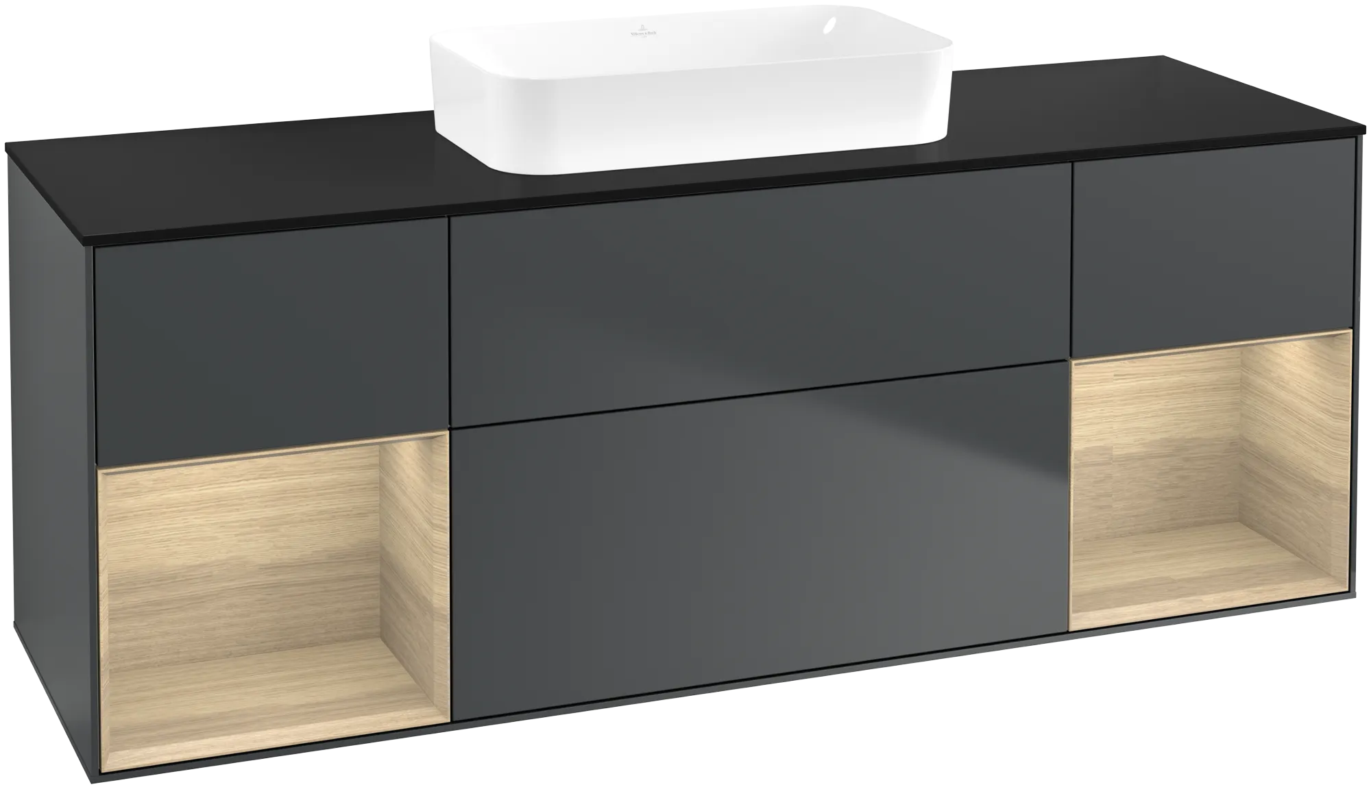Villeroy & Boch Finion Waschbeckenunterschrank F74, 1600x603x501mm, Midnight Blue Matt Lacquer / Oak Veneer / Glass Black Matt