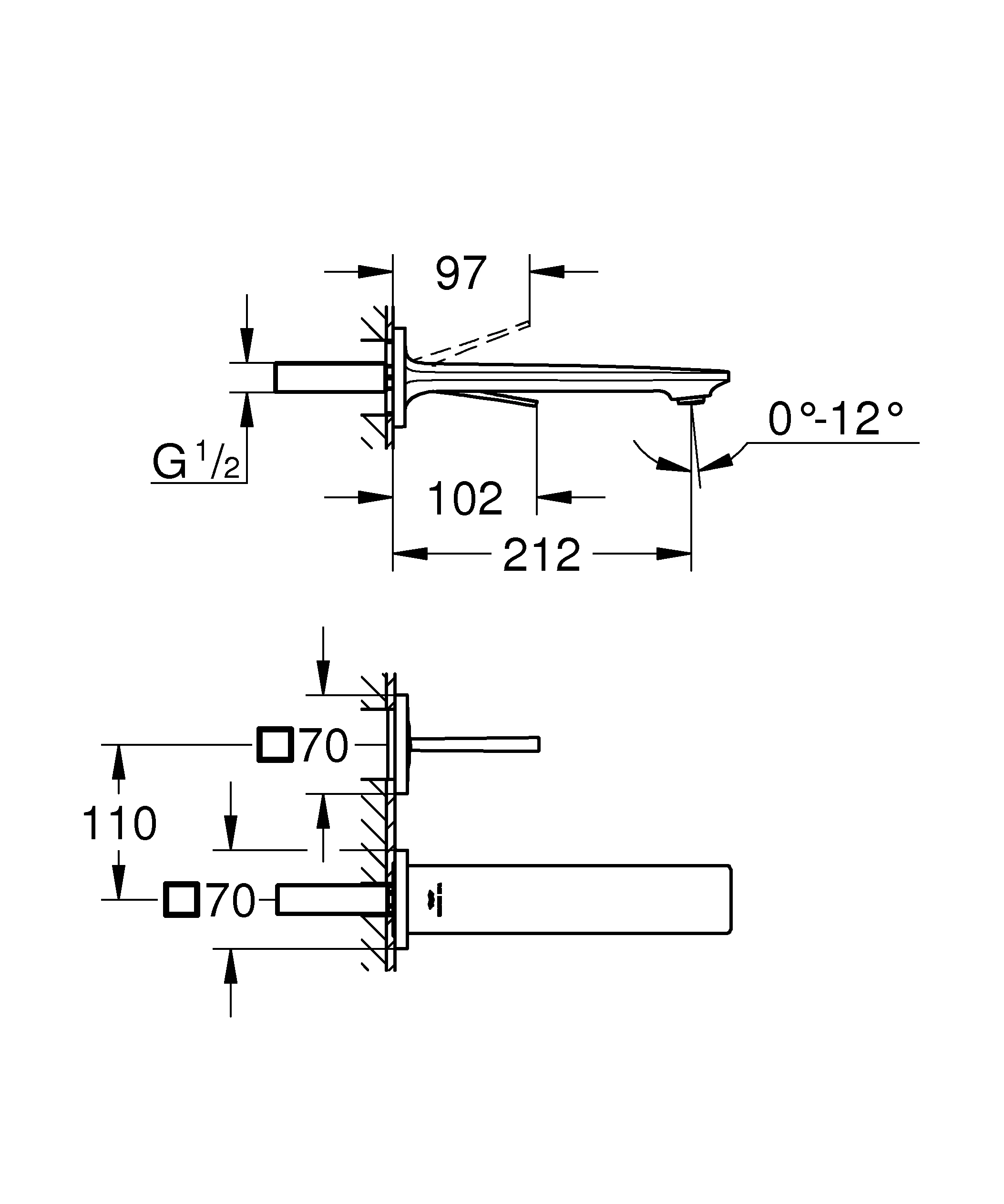 2-Loch-Waschtischbatterie Allure 19386_2, Wandmontage, Fertigmontageset für 23 429, Stichmaß 110 mm, Ausladung 212 mm, chrom