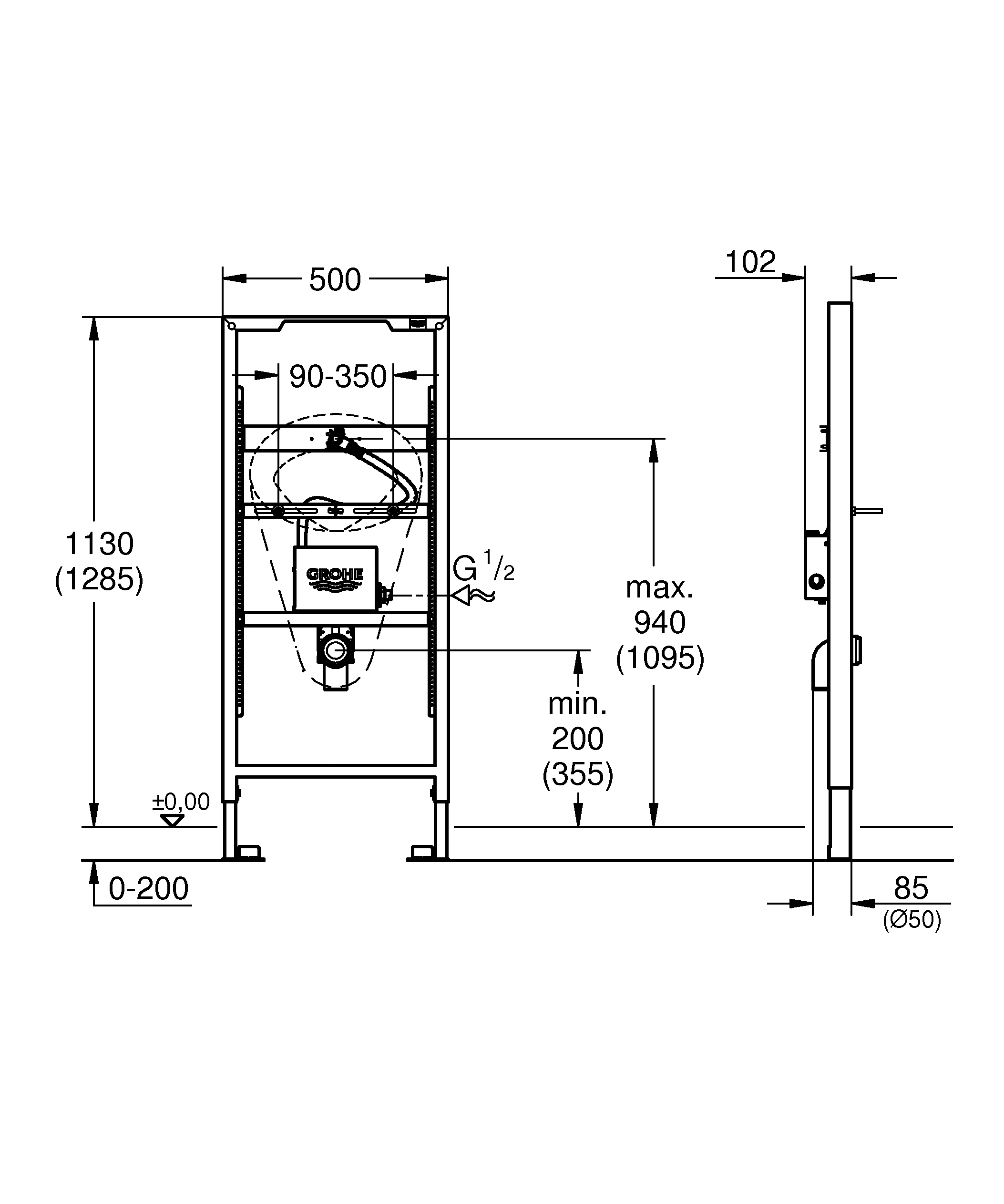 Urinal-Element Rapid SL 39376, mit Temperatursensor, 1,13 m und 1,30 m Bauhöhe, für Vorwand- oder Ständerwandmontage