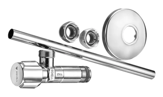 Eckventil-Set COMFORT, COMFORT-Griff, Schubrosette Ø 54 mm, DN 10 G 3/8 AG mit ASAG easy, DN 10 G 3/8 AG, chrom Eckventil-Set COMFORT, COMFORT-Griff, Schubrosette Ø 54 mm, DN 10 G 3/8 AG mit ASAG easy, DN 10 G 3/8 AG, chrom