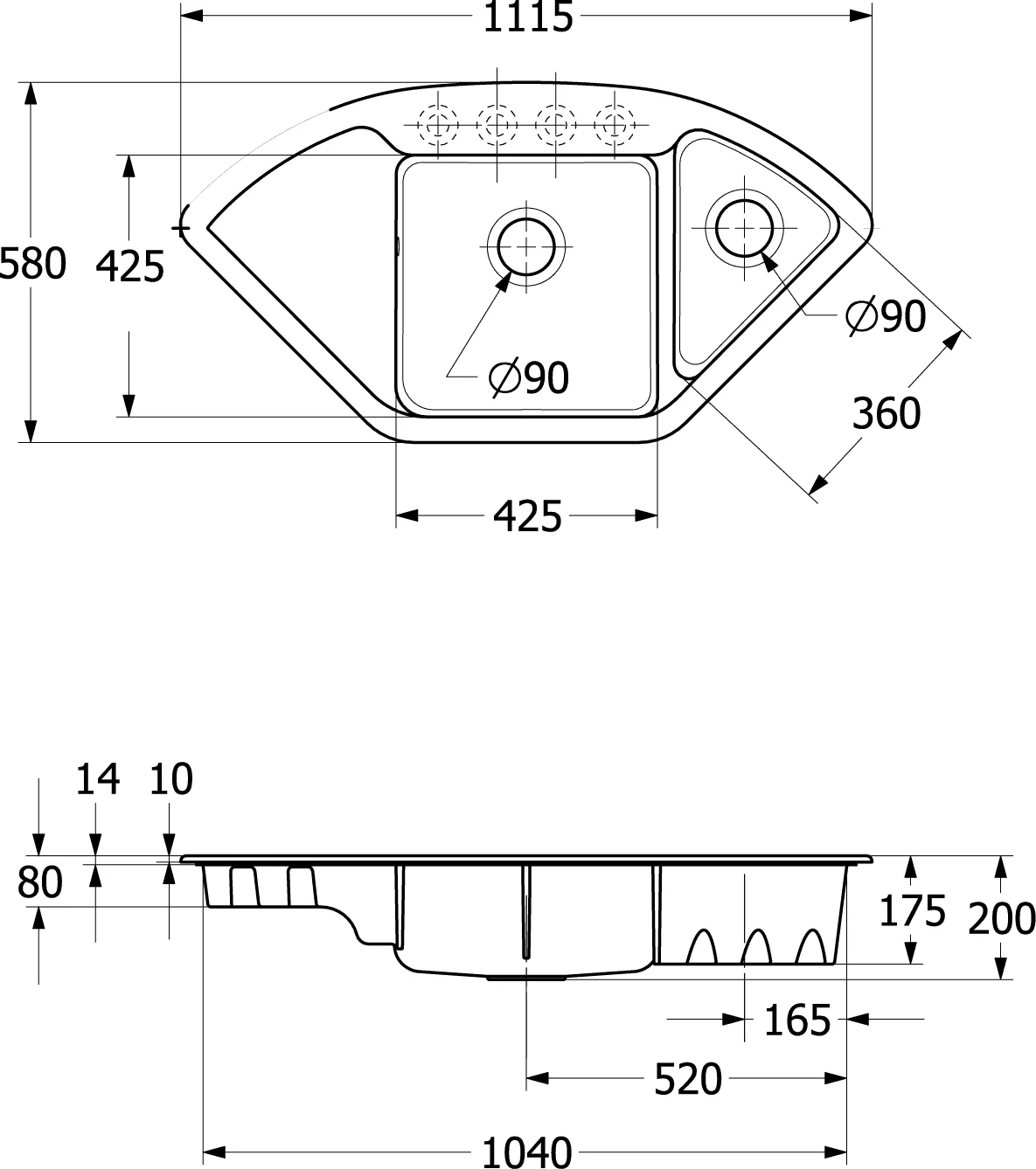 Villeroy & Boch Subway Style Eck Spüle, Ivory CeramicPlus, 1115x580 mm, Höhe 200 mm, Handbetätigung, Eckmontage