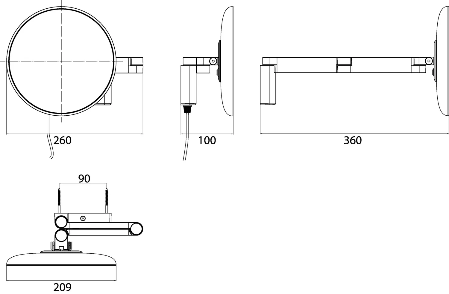 LED-Kosmetikspiegel evo 2-armig, 5-fach, rund, Stecker, 2 Schalter, Farbwechsel, dimmbar D: 209 mm, chrom