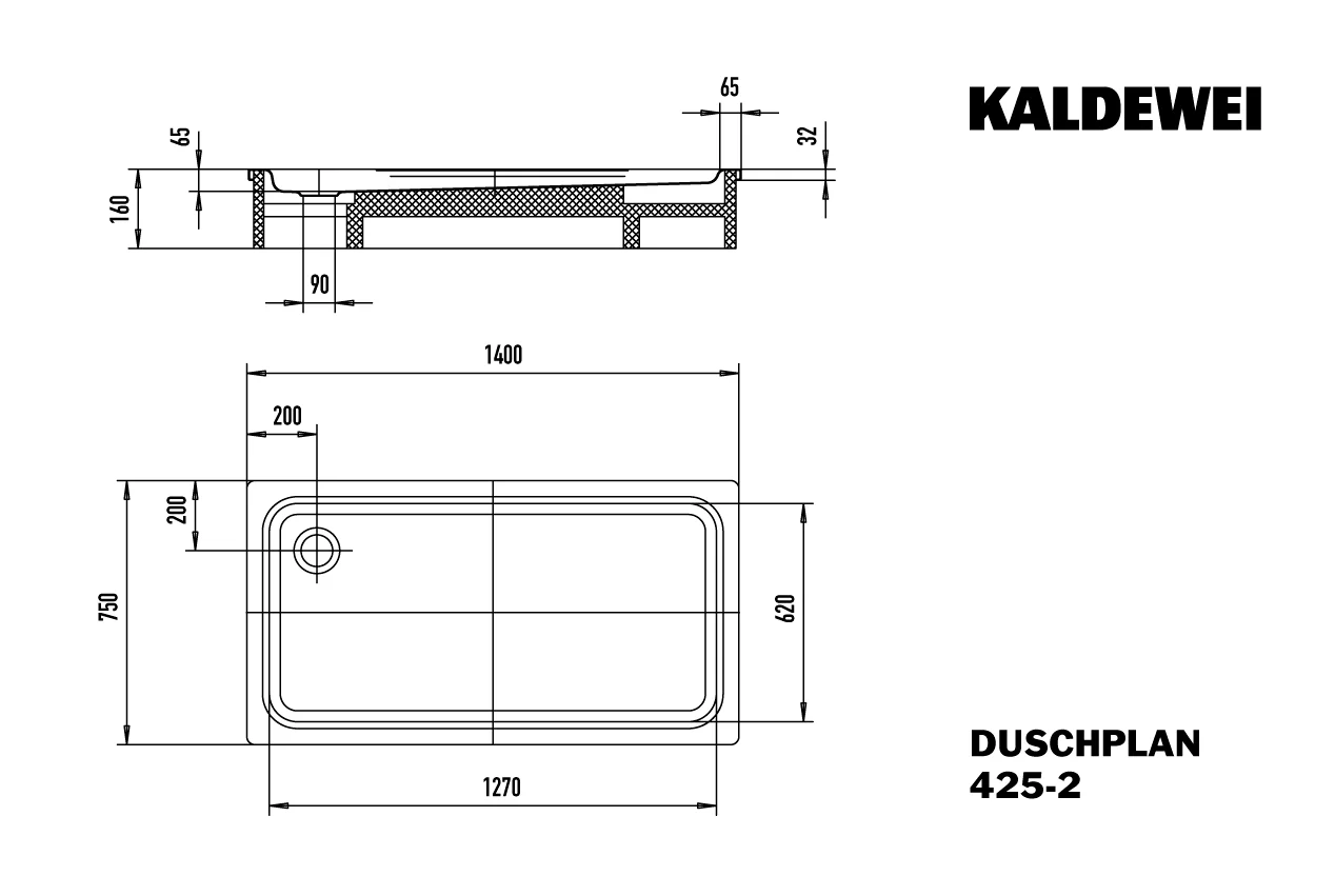 Kaldewei Duschplan mit Wannenträger, Serie Duschplan, Modell 425-2, Maße 750 x 1400 mm, Tiefe 65 mm, Farbe Pergamon, Perl-Effekt, Vollantislip