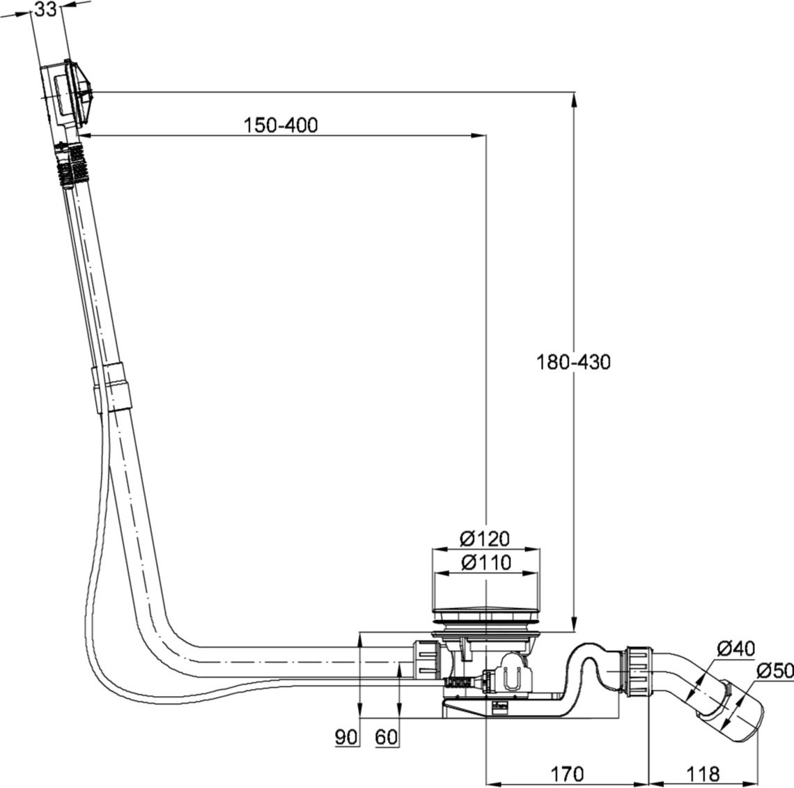 Bette Ab- und Überlaufgarnitur B608 Modell B608 725 mm Bette Ab- und Überlaufgarnitur B608 Modell B608 725 mm