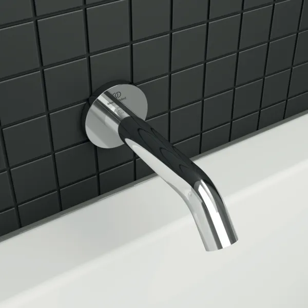 Wandauslauf Joy, Ausladung 160mm, mit runder Rosette, Brushed Gold Wandauslauf Joy, Ausladung 160mm, mit runder Rosette, Brushed Gold