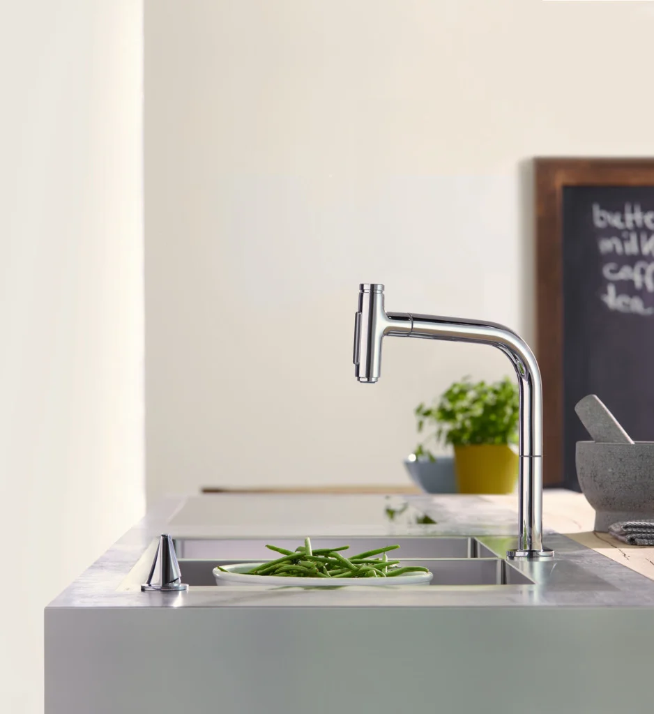 Hansgrohe Metris Select M71 2-Loch Einhebel-Küchenmischer mit Ausziehbrause, Chrom, 35 mm Bohrung, 200 mm ComfortZone, 110° oder 150° Schwenkbereich