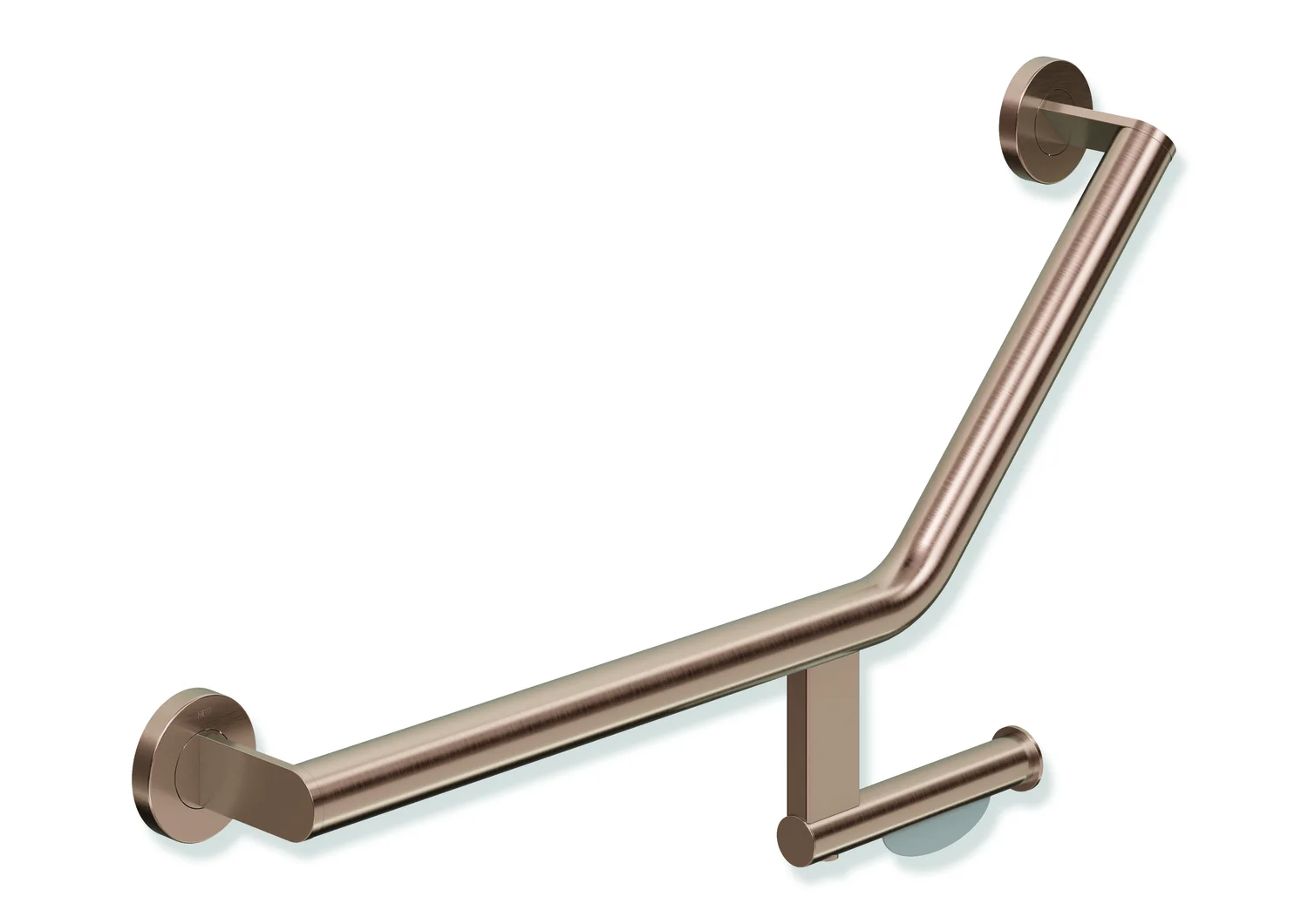 HEWI Winkelgriff mit WC-Papierrollenhalter, System 900, Edelstahl PVD Kupfer gebürstet, Achsmaße 620 mm und 283 mm, Winkel 135°, Durchmesser 32 mm,