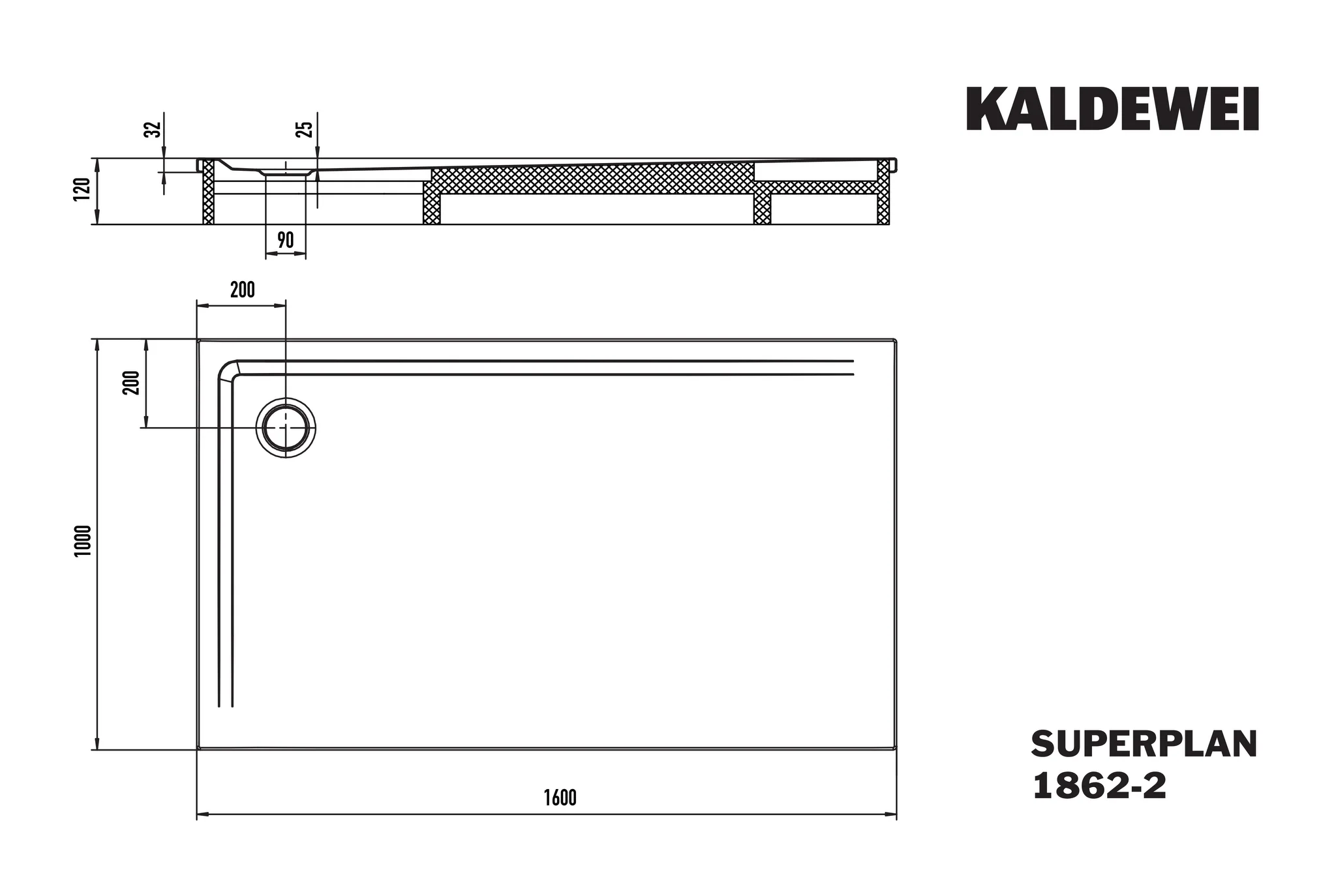 Kaldewei SUPERPLAN Duschfläche mit Wannenträger, 1000x1600 mm, cool grey 30, 25 mm tief, Eckablauf Kaldewei SUPERPLAN Duschfläche mit Wannenträger, 1000x1600 mm, cool grey 30, 25 mm tief, Eckablauf