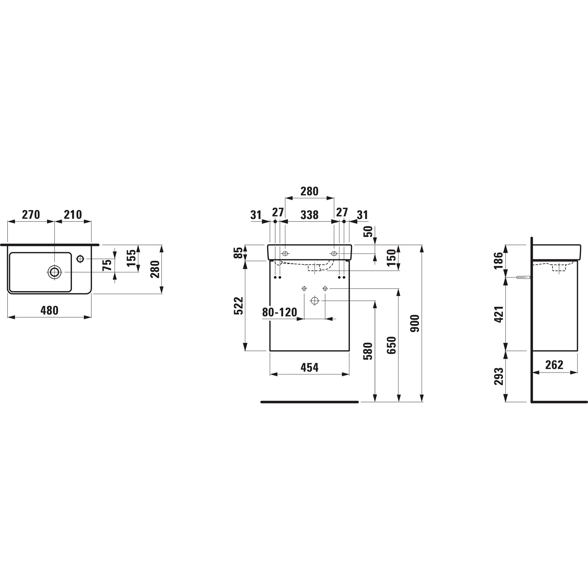 Waschtisch+Waschtischunterbau PRO S SET BASE 2.0 280x480x607 1 Hahnloch mit Überlauf 1 Tür Scharnier rechts mit Griffmulde weiß/we matt