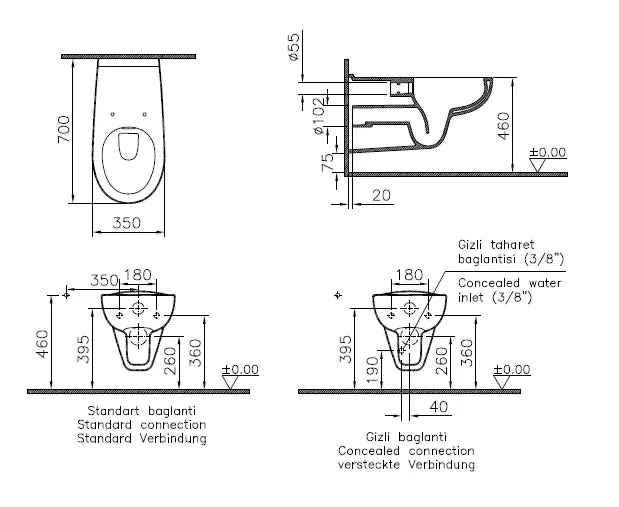 VitrA Conforma Wand-WC Flush 2.0 mit Bidetfunktion barrierefrei 35 x 70 cm Weiß Hochglanz