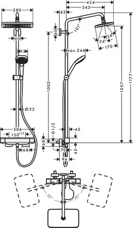 Showerpipe Croma E 280 1jet chrom mit Brausethermostat Showerpipe Croma E 280 1jet chrom mit Brausethermostat