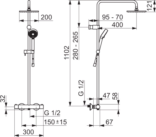 Regenbrause-Duscharmatur UNITA ECO 5814 3-strahlig Ausladung 470 - 495 mm Chrom Kopfbrause eckig