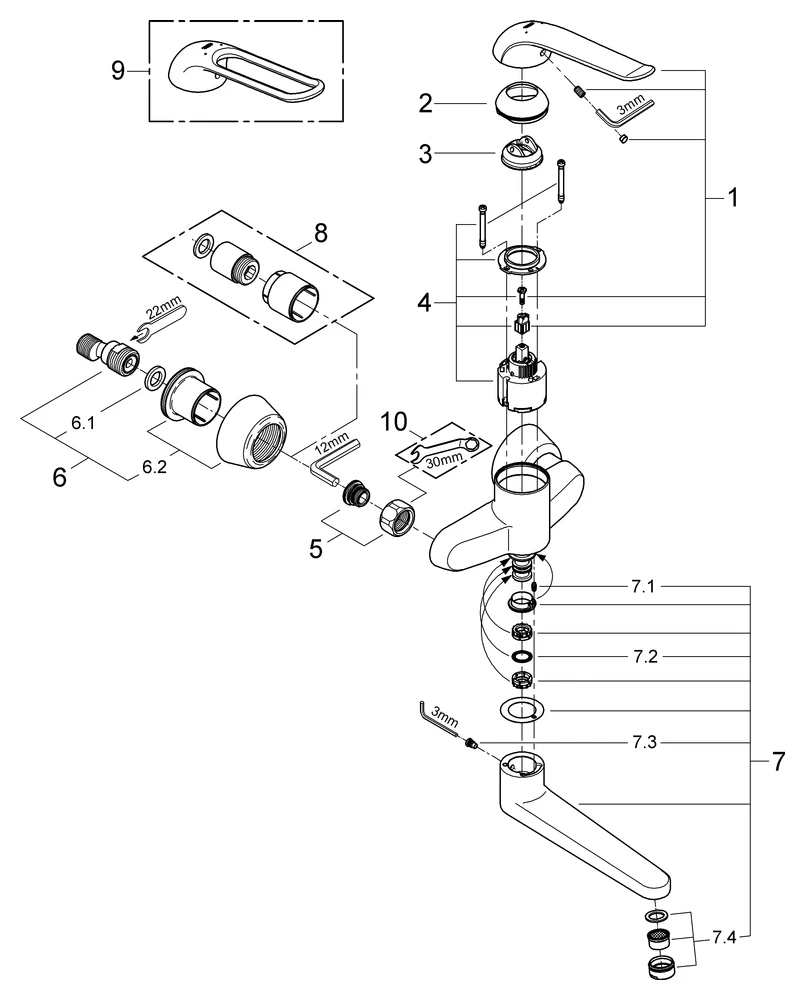 Einhand-Waschtischbatterie Euroeco Special 32773, Wandmontage, Ausladung 257 mm, 46 mm Keramikkartusche, Hebellänge 170 mm, chrom