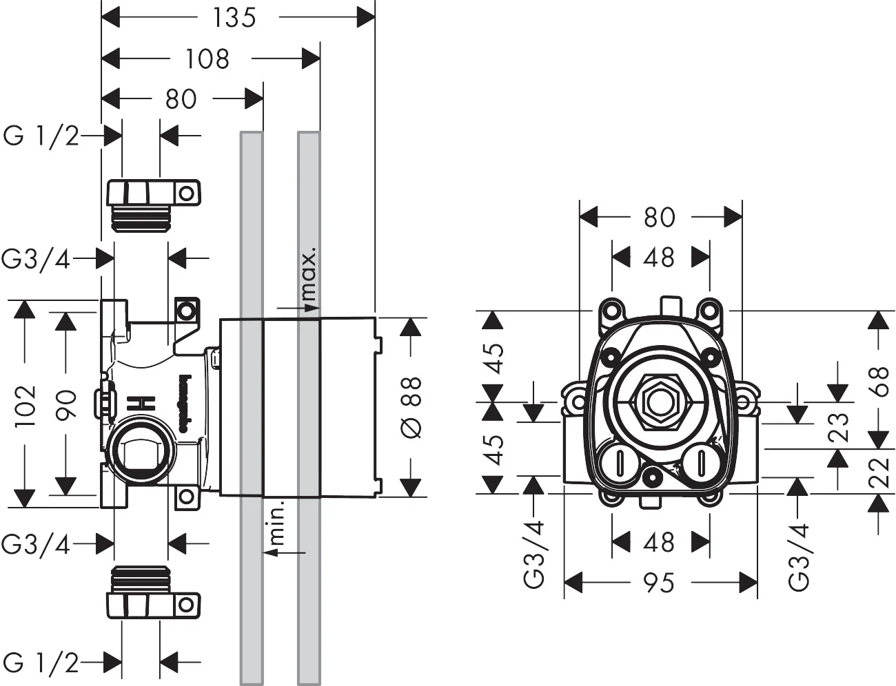 Hansgrohe AXOR ShowerSolutions Thermostat Unterputz Grundkörper DN20, 59 l/min Durchfluss, horizontale/vertikale Montage