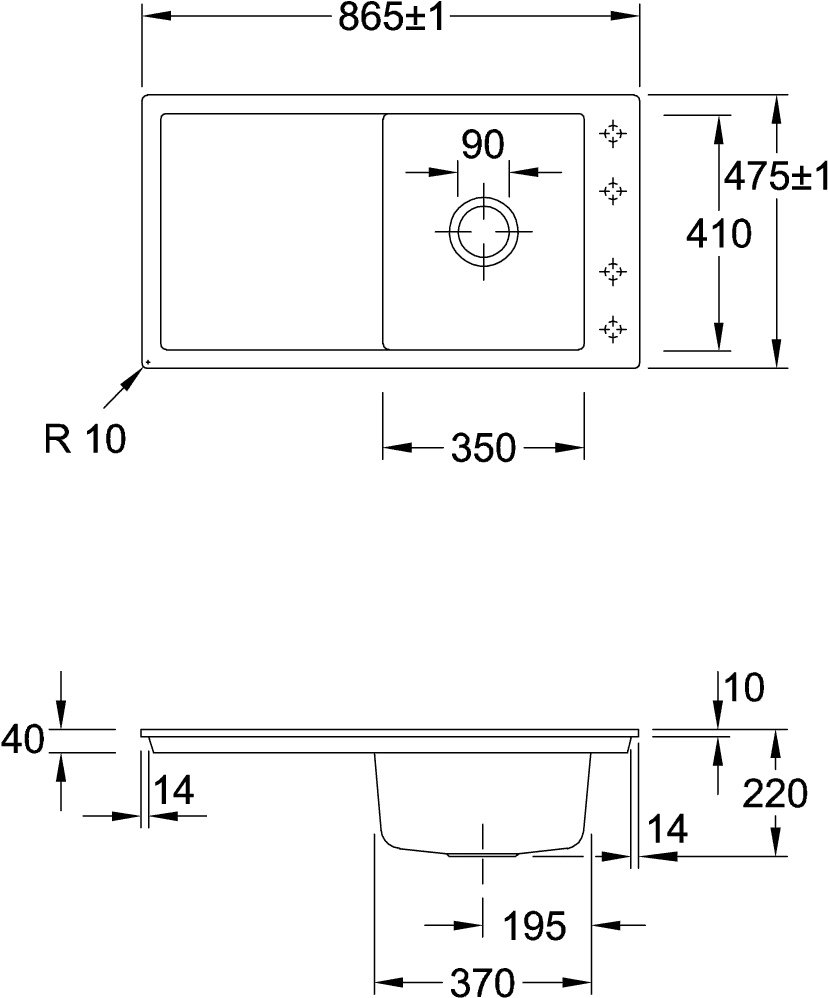 Villeroy & Boch Timeline 50 Flat 33071F, flächenbündige Spüle, 865x475 mm