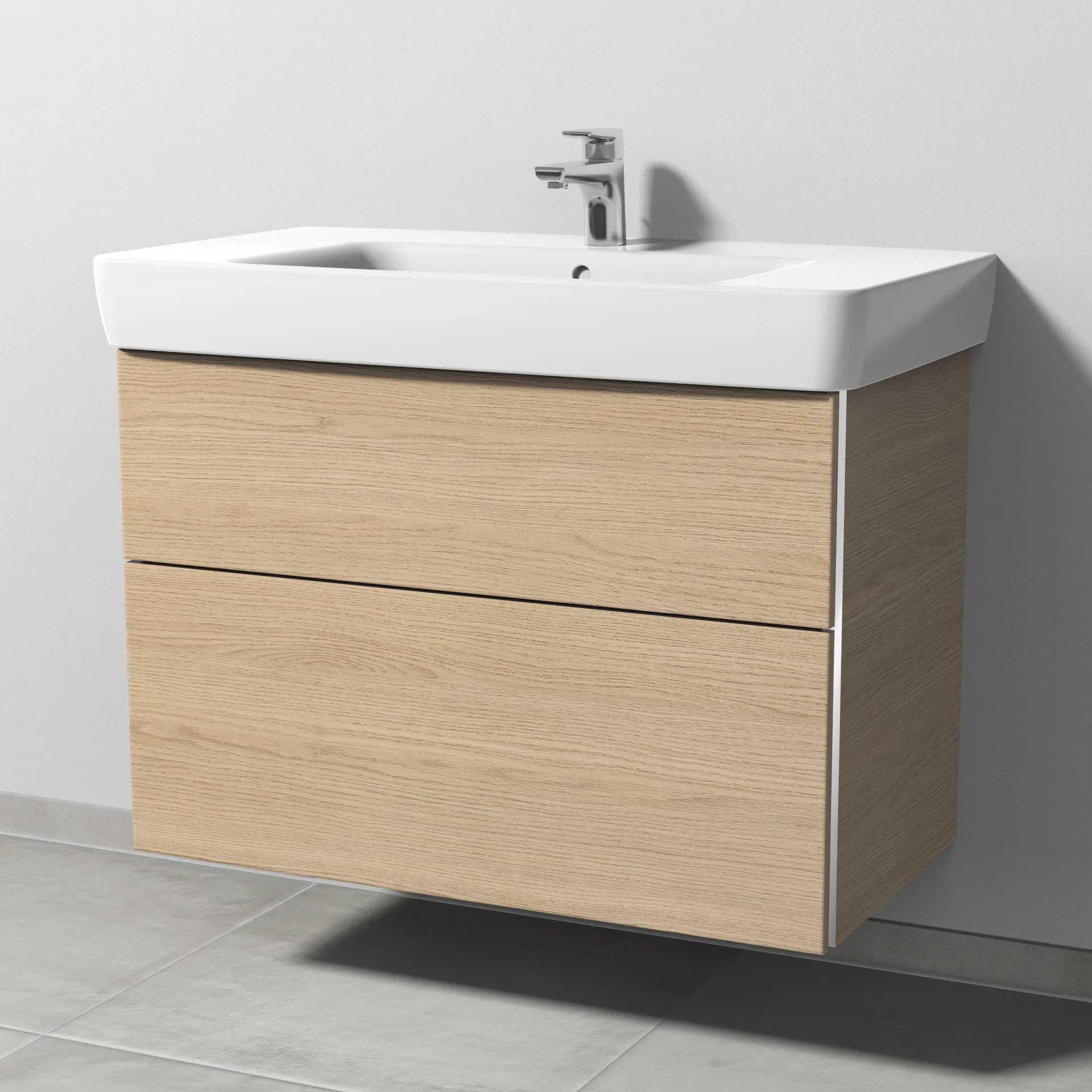 Sanipa Waschtischunterschrank „3way“ passend zu Keramik-Waschtische Renova Plan von Geberit 840 × 588 × 407 mm in Eiche Nordic, Becken mittig