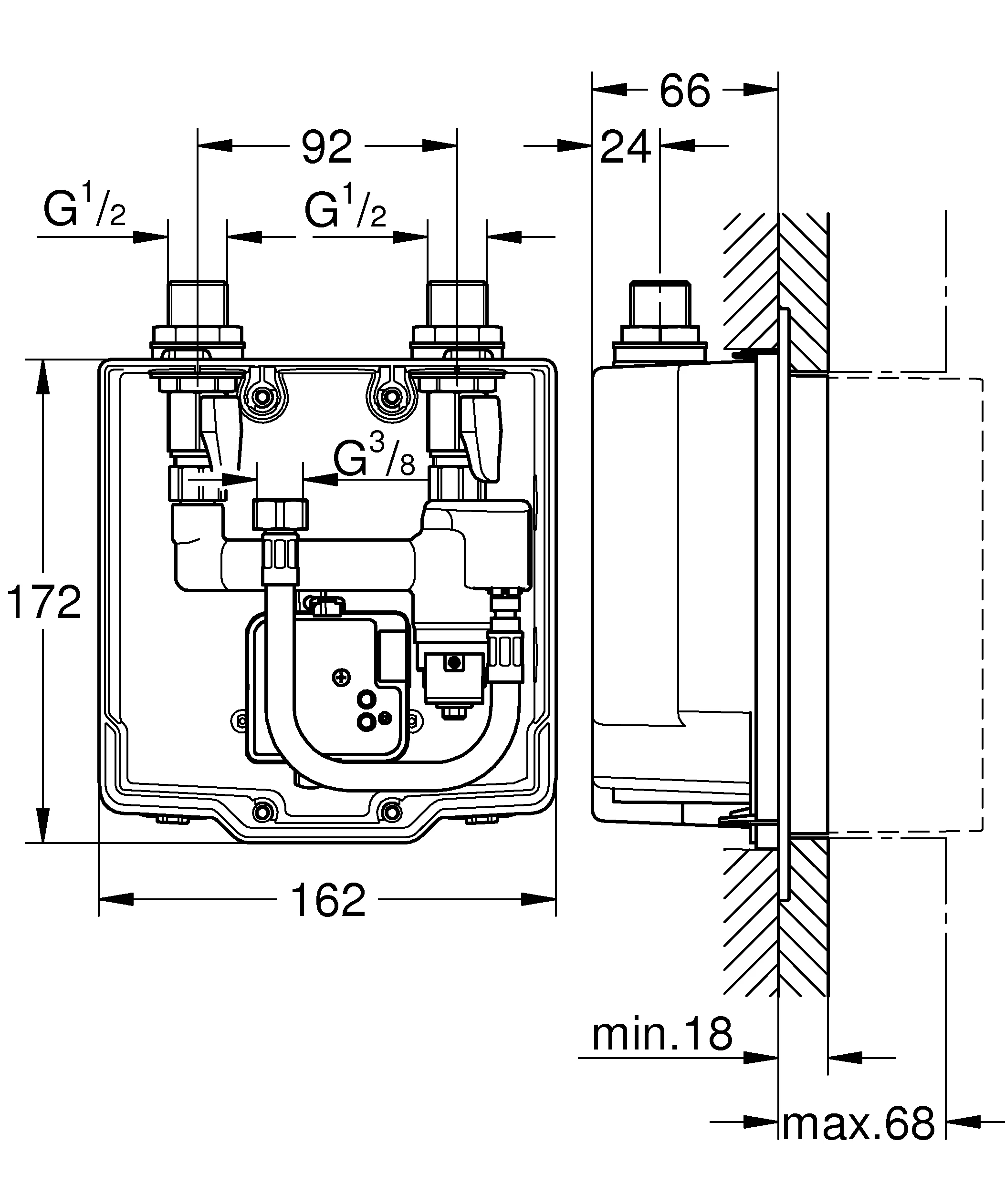 Unterputz-Einbaukasten Eurosmart CE 36336_1, mit verdeckter, voreinstellbarer thermostatischer Mischung, passend zu IR-Fertigmontagesets, mit Dichtmanschette, für normgerechte Wanddurchführung bei Wassereinwirkung nach DIN 18534:2017