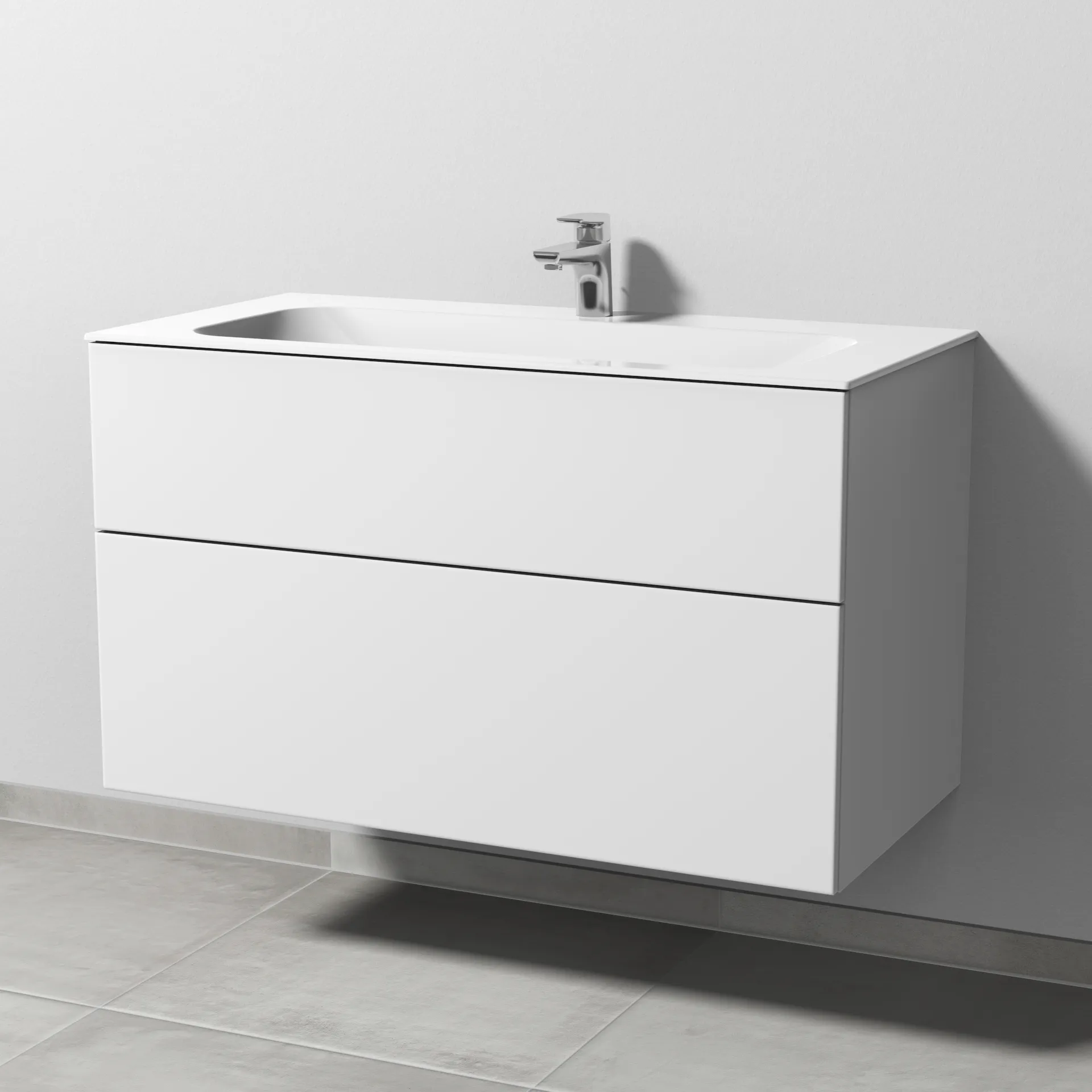 Keramik-Waschtisch-Set mit Waschtischunterschrank „3way“ 99 × 49,7 × 58,2 cm in Weiß-Soft, mit Hahnlochbohrung, Becken mittig