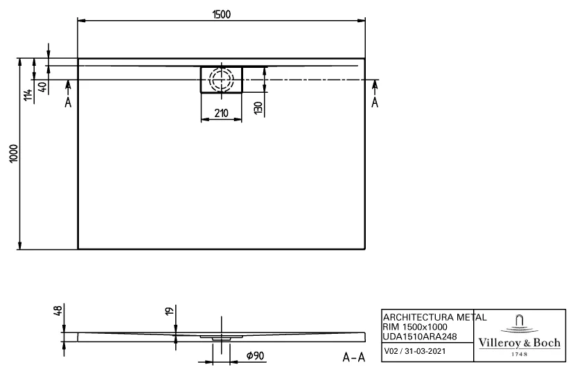 Villeroy & Boch rechteck Duschwanne „Architectura MetalRim“ 150 × 100 cm mit Antirutsch (VILBOgrip), in Weiß Alpin