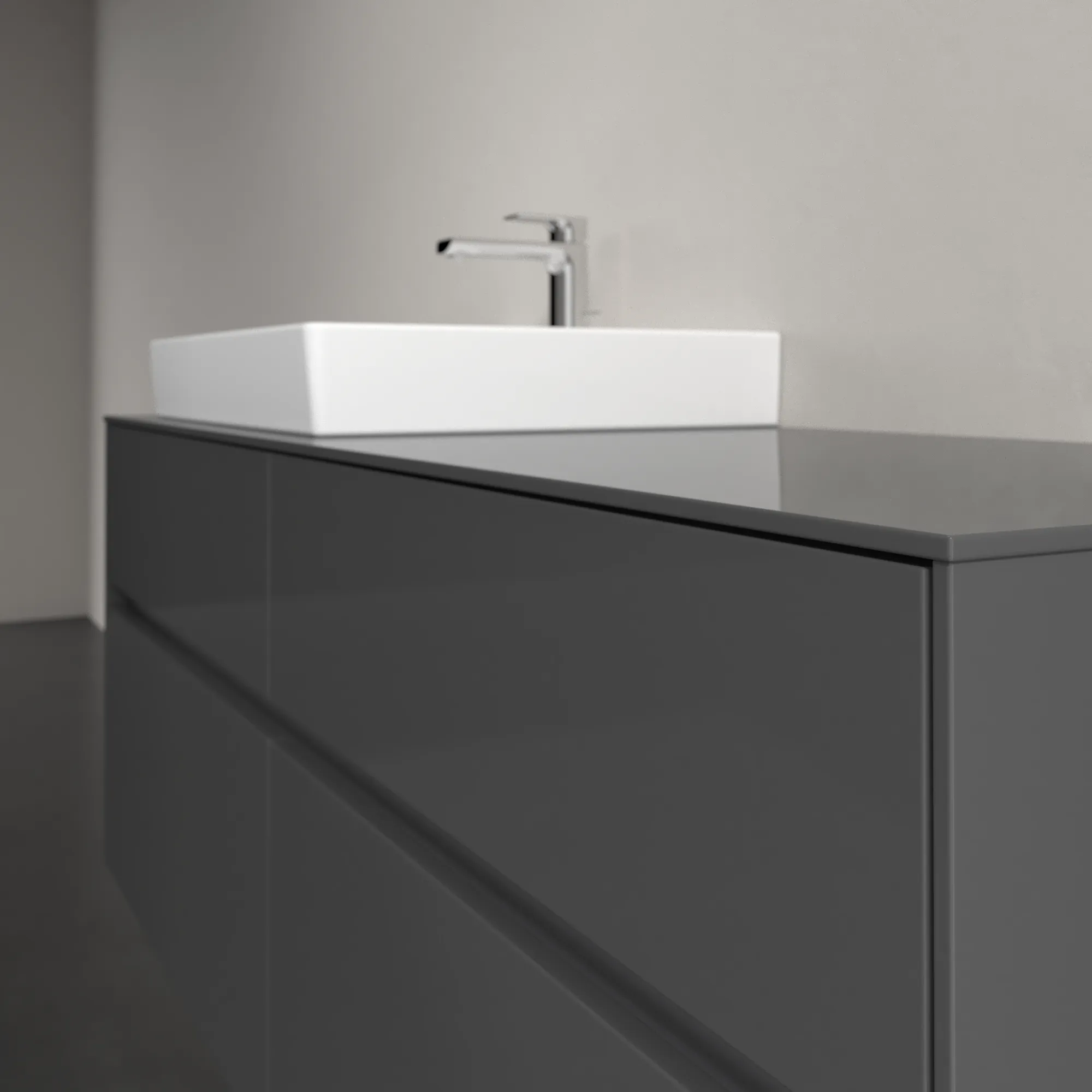 Villeroy & Boch Waschtischunterschrank „Collaro“ 1400 × 548 × 500 mm Glossy Grey, mit Beleuchtung, für Becken links