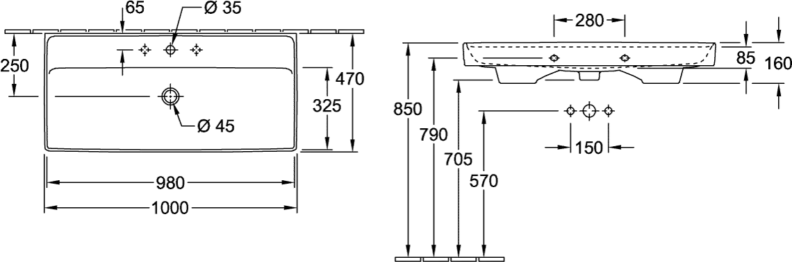 Schrankwaschtisch „Collaro“ ohne Überlauf mit Hahnlochbohrung 100 × 47 cm 100 × 47 cm