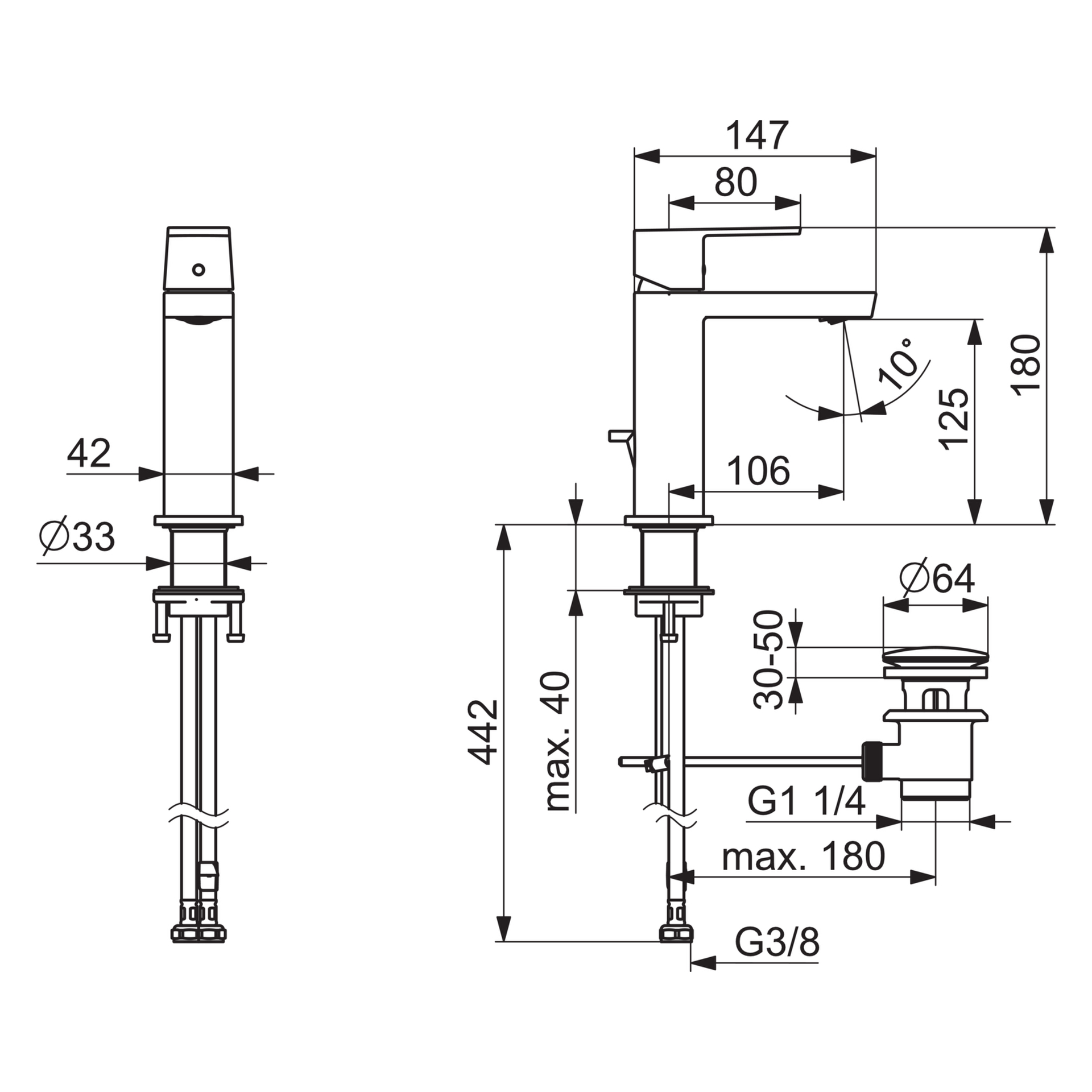 HA Einhebelmischer Waschtischbatterie HANSASTELA 5718 Ablaufgarnitur mit Zugstange Ausladung 174mm Chrom