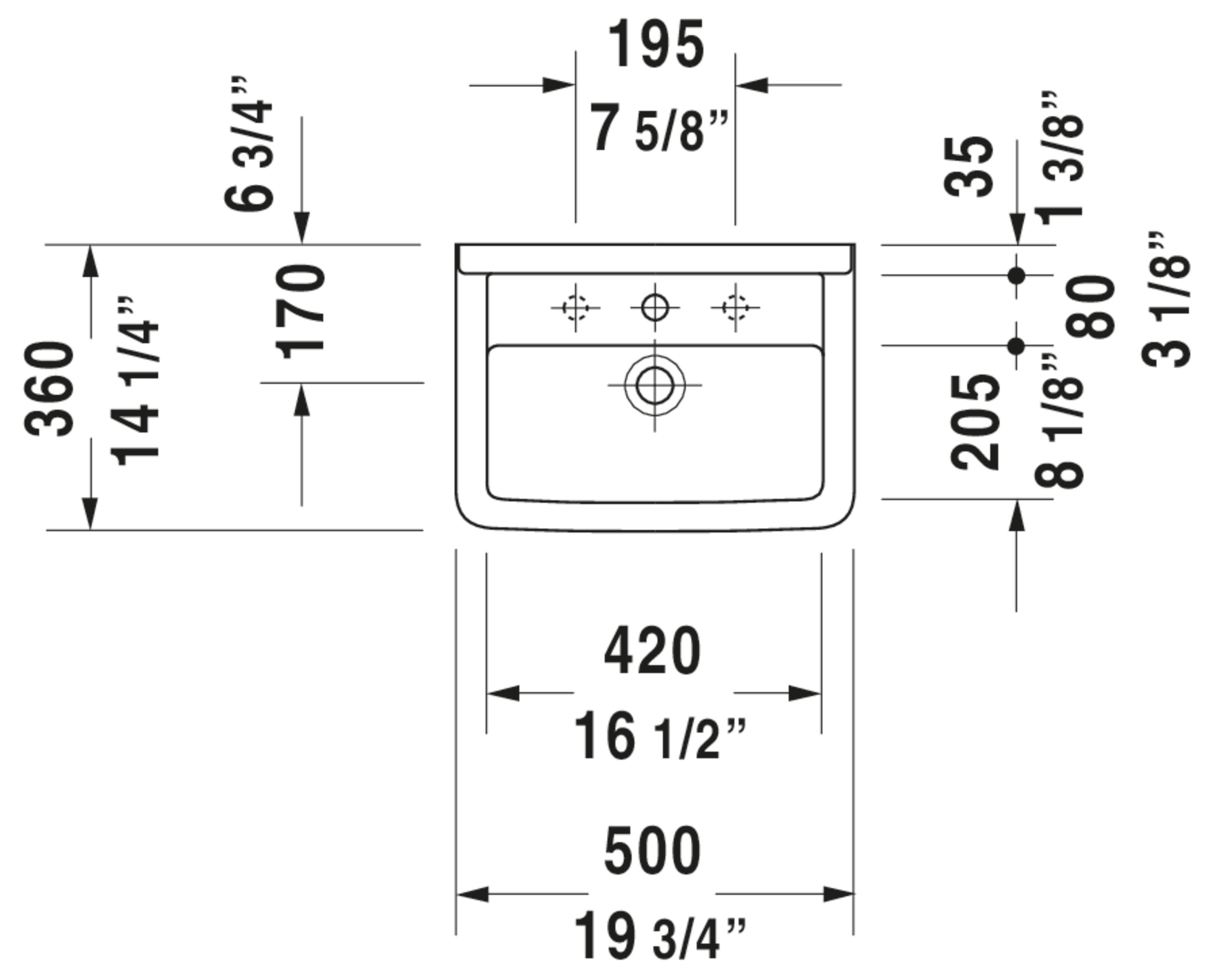 Wandwaschtisch „Starck 3“, mit Überlauf, Hahnlochposition mittig Wandwaschtisch „Starck 3“, mit Überlauf, Hahnlochposition mittig