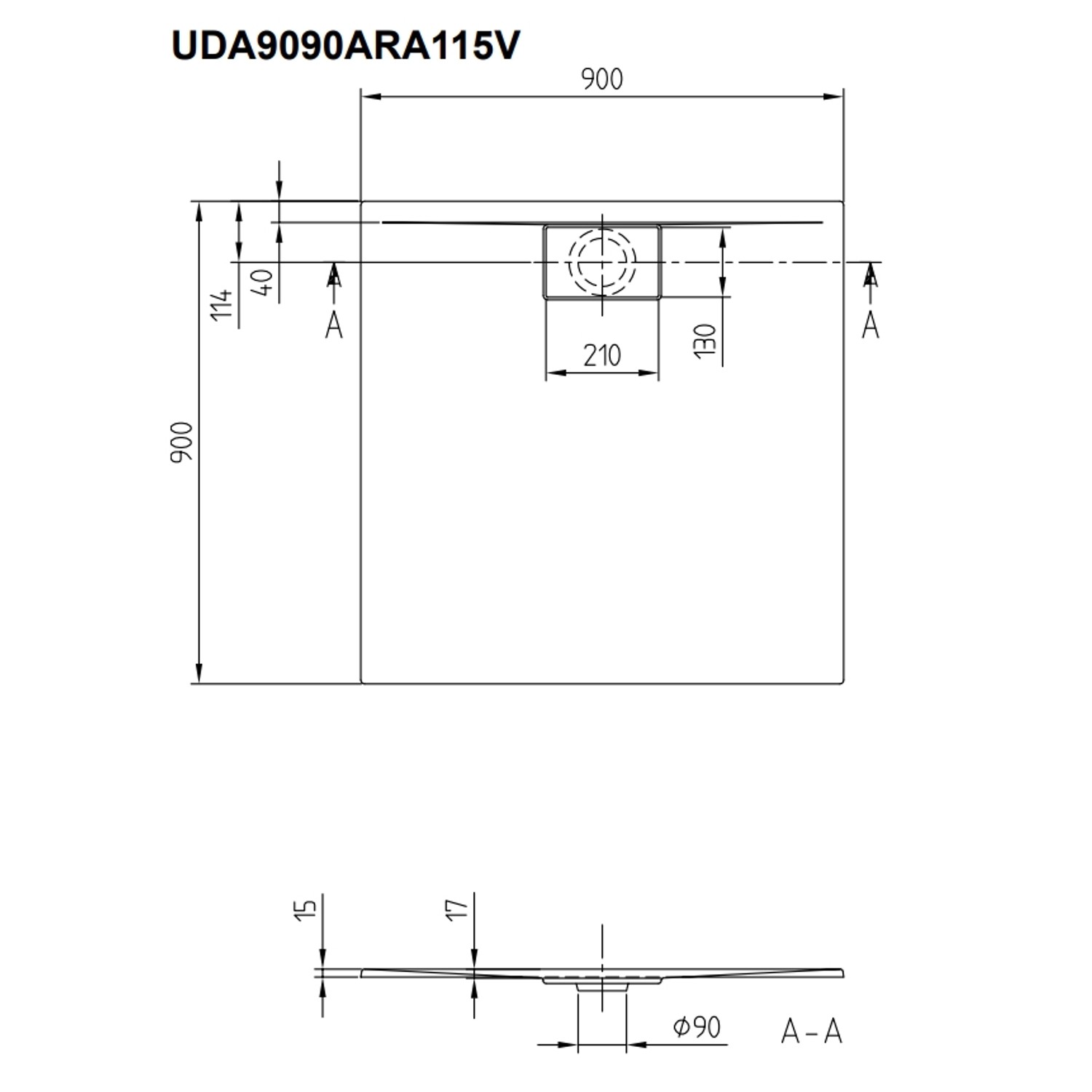 Villeroy & Boch Duschwanne inkl. Wannenträger und Ablaufgarnitur „Architectura MetalRim“ 90 × 90 cm