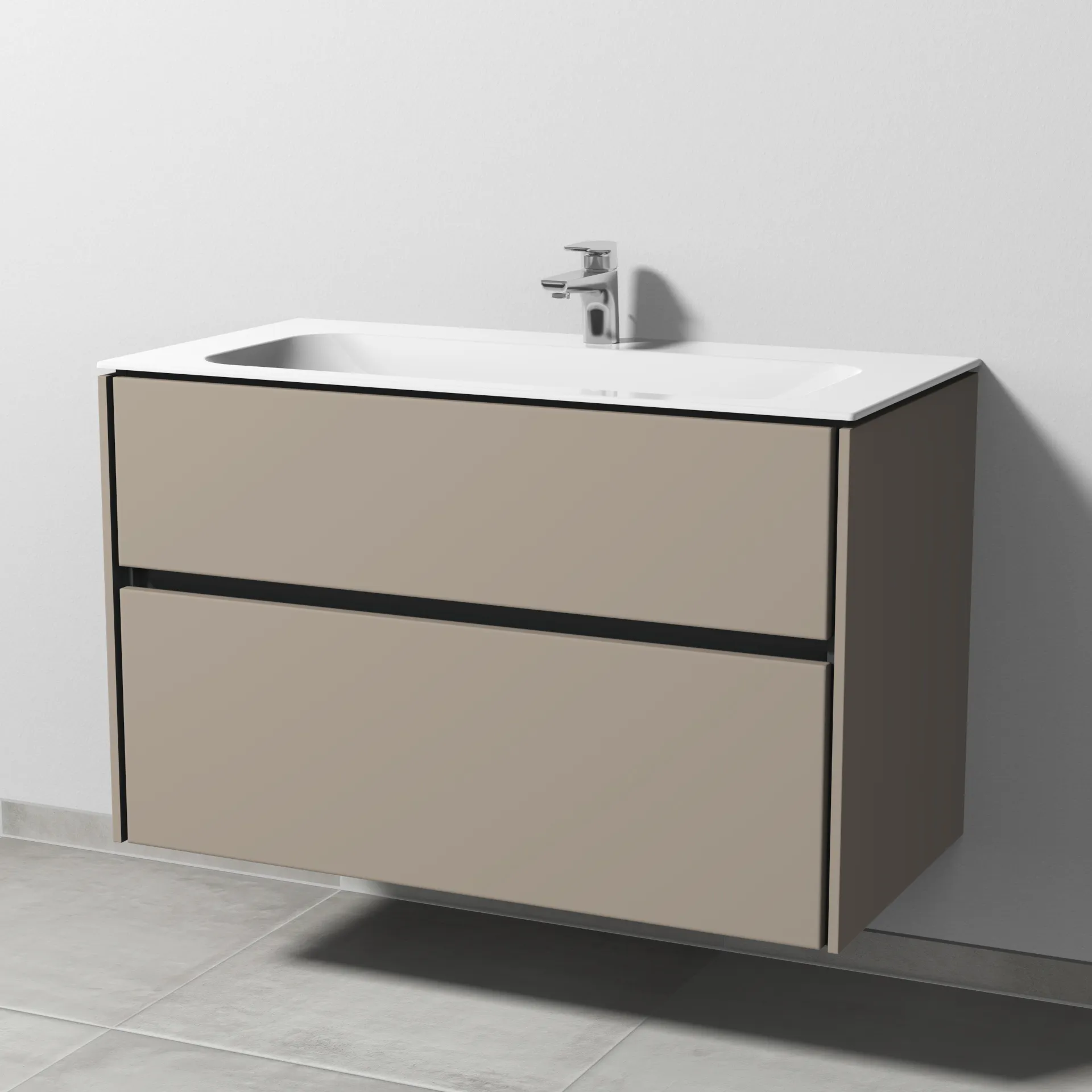 Keramik-Waschtisch-Set mit Waschtischunterschrank „Twiga“ 99 × 50 × 61 cm in Sandgrau (matt), ohne Beleuchtung, mit Hahnlochbohrung Keramik-Waschtisch-Set mit Waschtischunterschrank „Twiga“ 99 × 50 × 61 cm in Sandgrau (matt), ohne Beleuchtung, mit Hahnlochbohrung