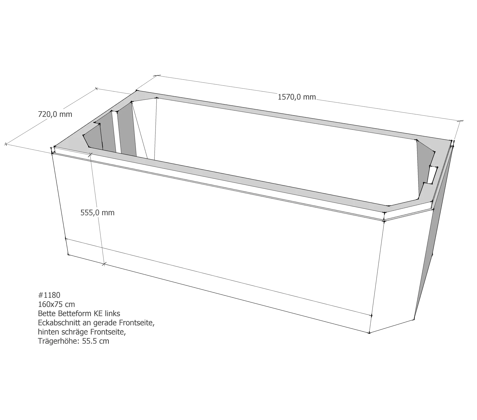 Badewannenträger für Bette Profi-Form KE links gerade Frontseite 160 × 75 × 42 cm Badewannenträger für Bette Profi-Form KE links gerade Frontseite 160 × 75 × 42 cm