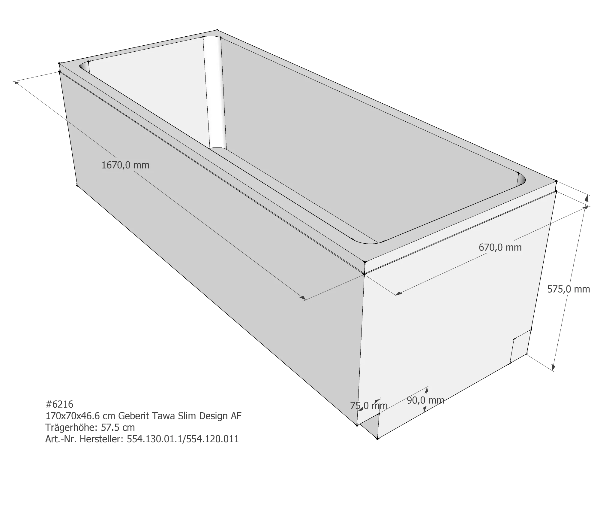 Badewannenträger passend für Geberit Tawa Slim Design 170 × 70 × 46,6 cm