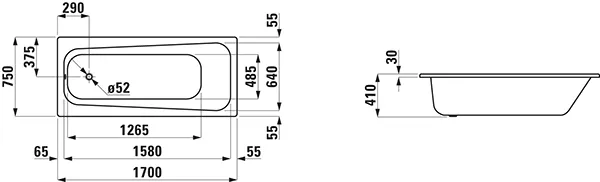 Laufen PRO 750x1700x410, Stahl, 000 weiß, mit Schallschutz Laufen PRO 750x1700x410, Stahl, 000 weiß, mit Schallschutz