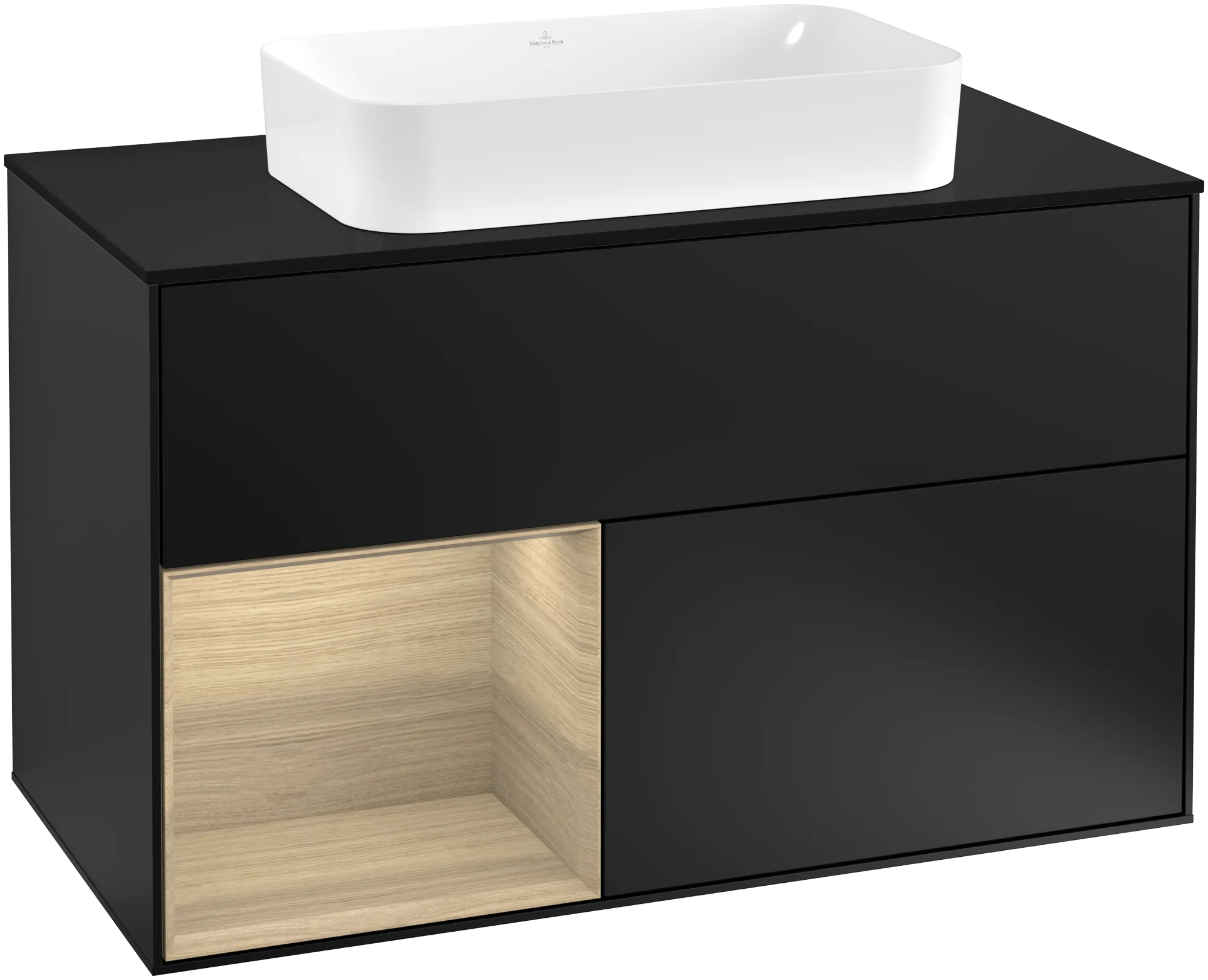 Villeroy & Boch Finion Waschbeckenunterschrank F24, 1000 x 603 x 501 mm, Black Matt Lacquer / Oak Veneer / Glass Black Matt