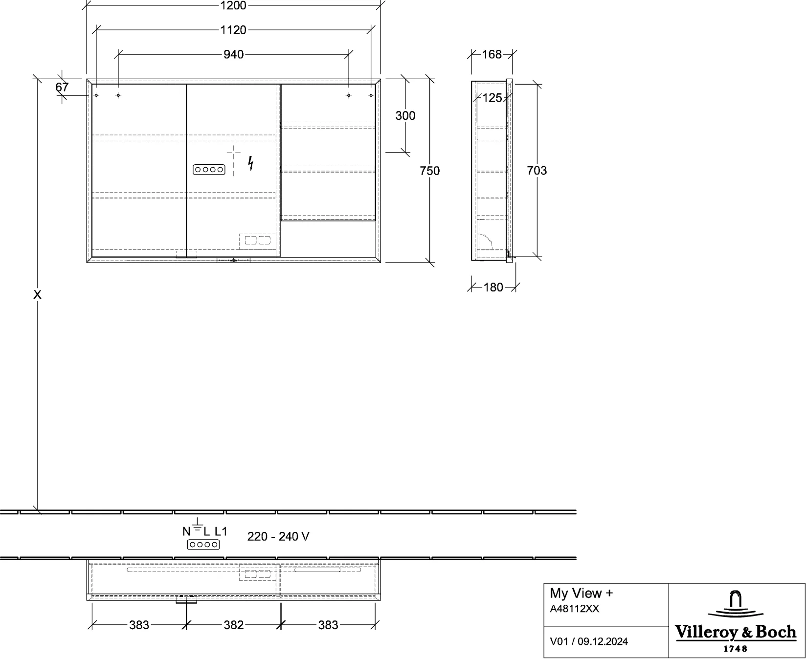 Villeroy & Boch Aufputz-Spiegelschrank My View+ A48112, 1200 x 750 x 168 mm, mit Beleuchtung, Nordic Oak Villeroy & Boch Aufputz-Spiegelschrank My View+ A48112, 1200 x 750 x 168 mm, mit Beleuchtung, Nordic Oak