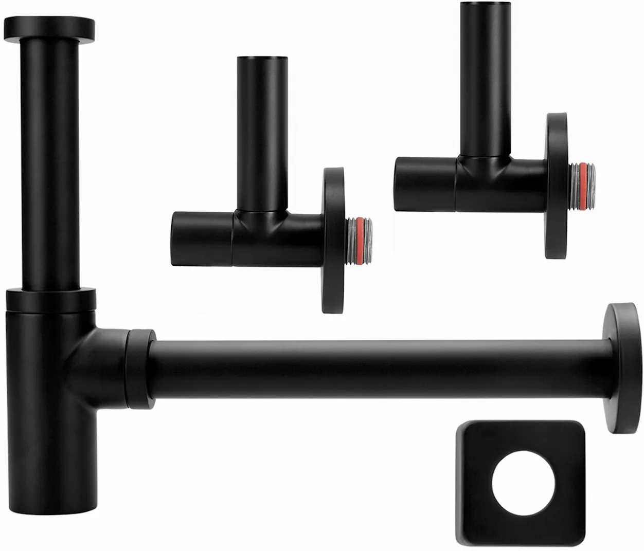 AS Design-Set 1 1/4″ MS matt schwarz bestehend aus: 1x Siphon, 2x Eckventil AS Design-Set 1 1/4″ MS matt schwarz bestehend aus: 1x Siphon, 2x Eckventil